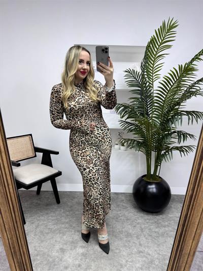 Leopar Desen Buzzy Uzun Elbise