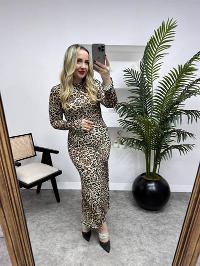 Leopar Desen Buzzy Uzun Elbise