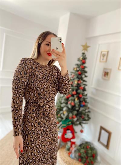 Leopar Desen Kemerli Elbise