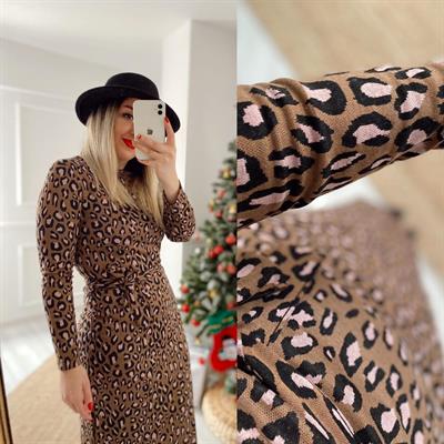 Leopar Desen Kemerli Elbise
