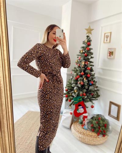 Leopar Desen Kemerli Elbise