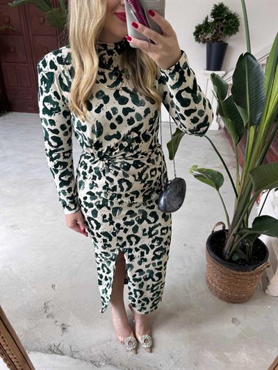 Leopar Desenli Düğüm Detaylı Krep Elbise Yeşil