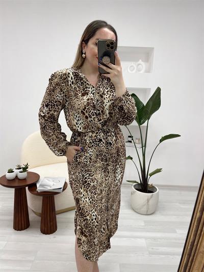 Leopar Önden Büzgülü Orj Marka Gömlek Elbise