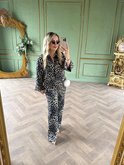 Leopar Tasarım Pamuk Saten Takım Antrasit