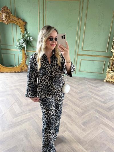 Leopar Tasarım Pamuk Saten Takım Antrasit