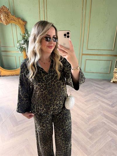 Leopar Tasarım Pamuk Saten Takım Haki