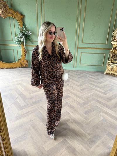 Leopar Tasarım Pamuk Saten Takım Kahverengi