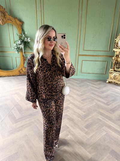 Leopar Tasarım Pamuk Saten Takım Kahverengi