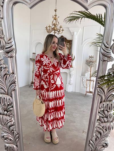 Leyla Desenli Pamuk Viskon Kumaşli Elbise Kırmızı