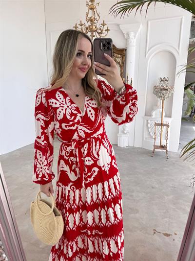 Leyla Desenli Pamuk Viskon Kumaşli Elbise Kırmızı