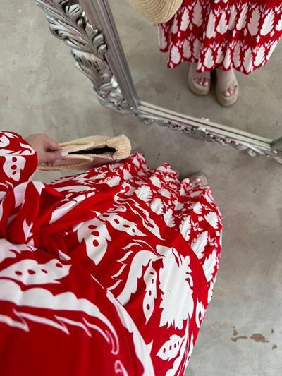 Leyla Desenli Pamuk Viskon Kumaşli Elbise Kırmızı