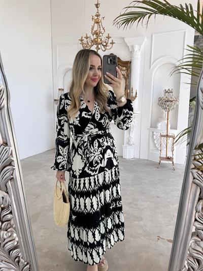 Leyla Desenli Pamuk Viskon Kumaşli Elbise Siyah Beyaz