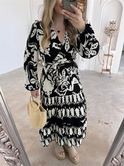 Leyla Desenli Pamuk Viskon Kumaşli Elbise Siyah Beyaz