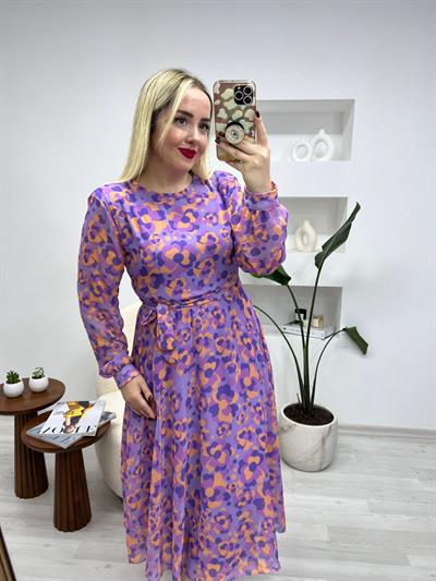 Lila Beli Lastikli Şifon Elbise