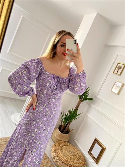 Lila Çiçek Desen Elbise