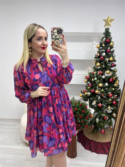 Lila Kirmizi Desenli Şifon Elbise