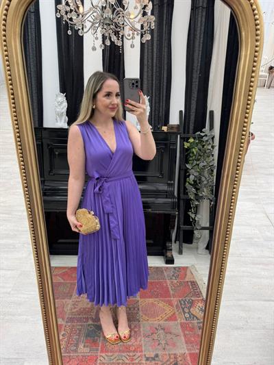 Lila Piliseli Beli Lastıklı Orj Marka Elbise