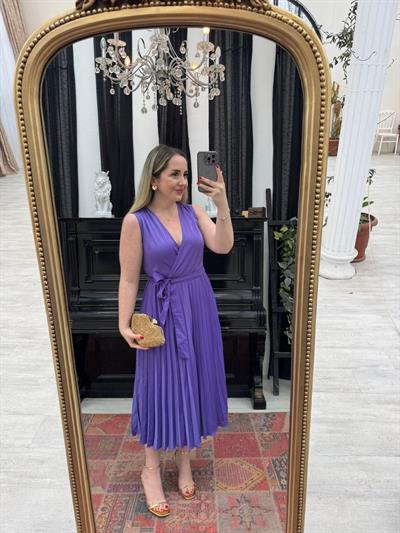 Lila Piliseli Beli Lastıklı Orj Marka Elbise