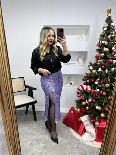 Lila Yırtmaç Detaylı Payet Etek