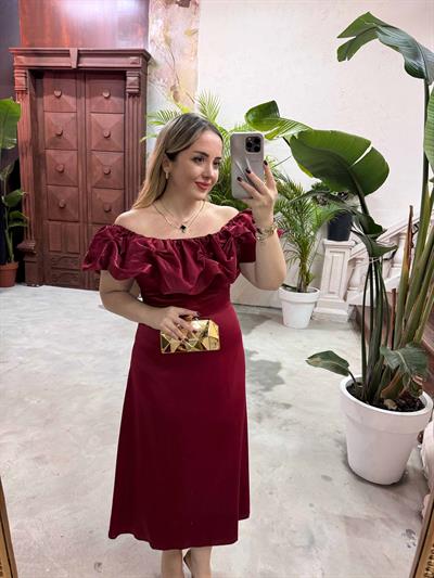 Lilyum Madonna Yaka Saten Elbise Bordo