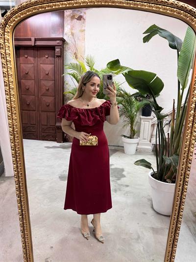 Lilyum Madonna Yaka Saten Elbise Bordo