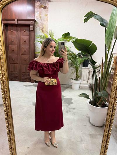 Lilyum Madonna Yaka Saten Elbise Bordo