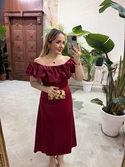 Lilyum Madonna Yaka Saten Elbise Bordo