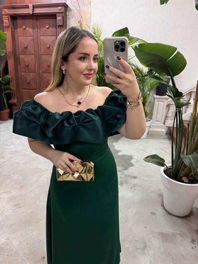 Lilyum Madonna Yaka Saten Elbise Zümrüt Yeşil