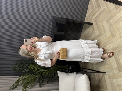 Lina Fisto Detaylı Tasarım Elbise Beyaz