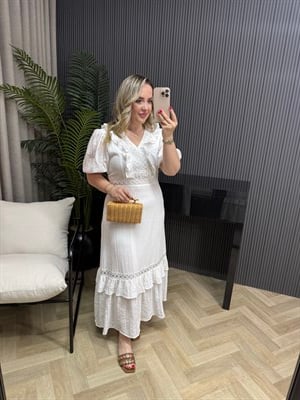 Lina Fisto Detaylı Tasarım Elbise Beyaz