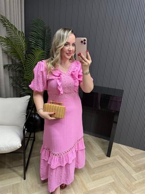 Lina Fisto Detaylı Tasarım Elbise Pembe