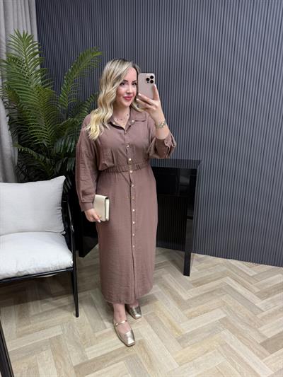 Lina Özel Tensel Kumaş Kemerli Elbise Sütlü Kahve