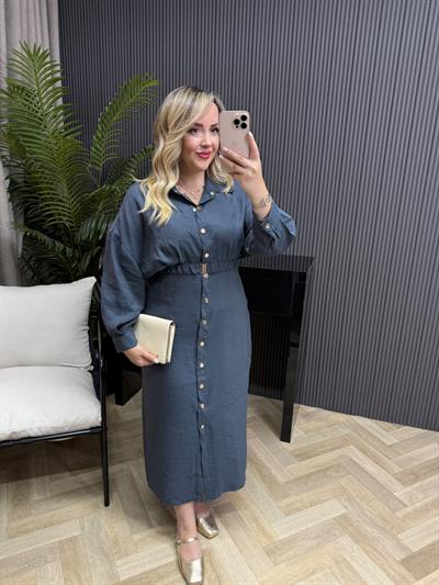 Lina Özel Tensel Kumaş Kemerli Elbise Soft Mavi