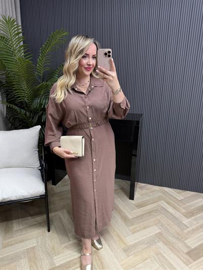 Lina Özel Tensel Kumaş Kemerli Elbise Sütlü Kahve