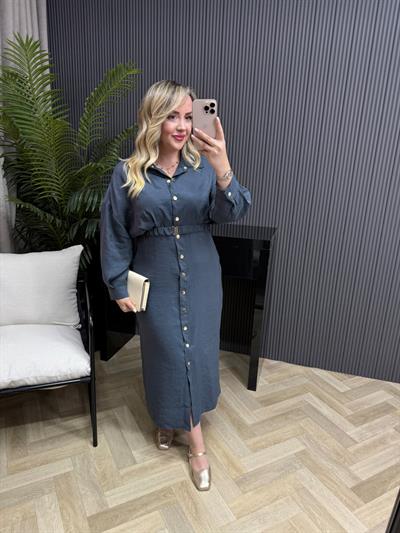 Lina Özel Tensel Kumaş Kemerli Elbise Soft Mavi