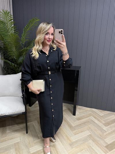 Lina Özel Tensel Kumaş Kemerli Elbise Siyah