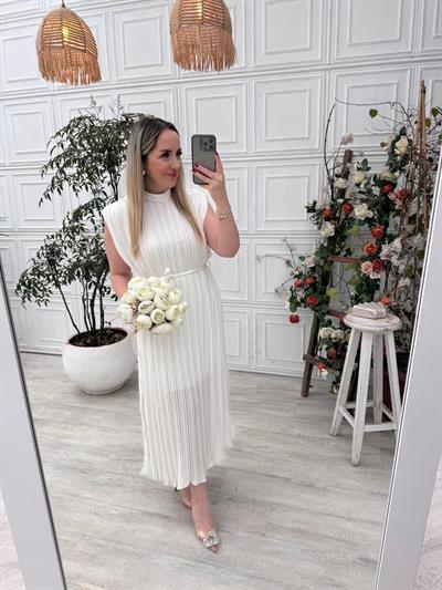 Lina Pilise Örgü Kemerli Elbise Beyaz