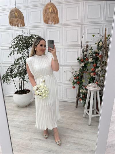 Lina Pilise Örgü Kemerli Elbise Beyaz