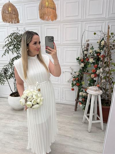 Lina Pilise Örgü Kemerli Elbise Beyaz