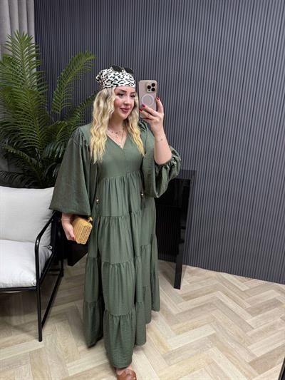 Liza Balon Kol Aerobin Keten Rahat Elbise Haki