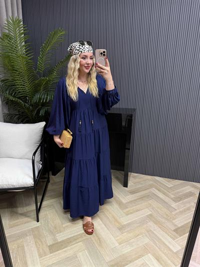 Liza Balon Kol Aerobin Keten Rahat Elbise Lacivert