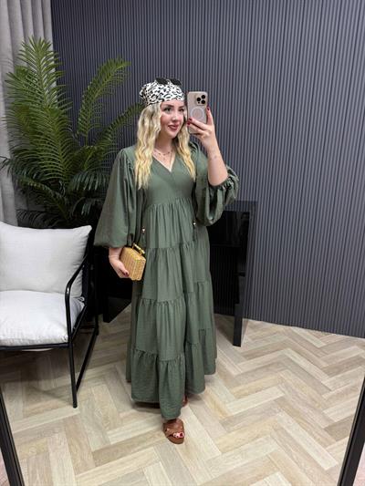 Liza Balon Kol Aerobin Keten Rahat Elbise Haki