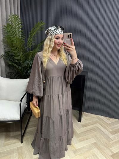 Liza Balon Kol Aerobin Keten Rahat Elbise Kahve