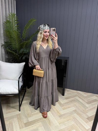 Liza Balon Kol Aerobin Keten Rahat Elbise Kahve