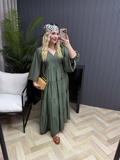 Liza Balon Kol Aerobin Keten Rahat Elbise Haki