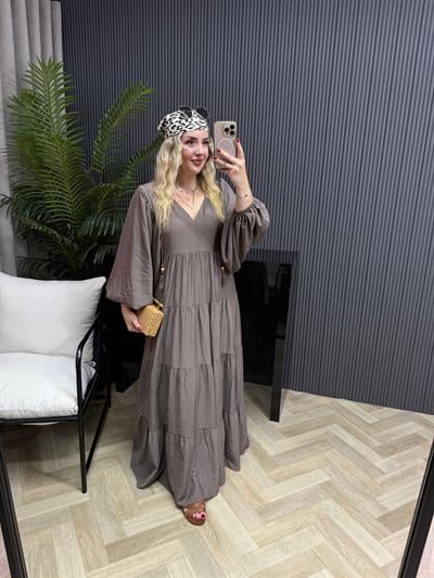 Liza Balon Kol Aerobin Keten Rahat Elbise Kahve