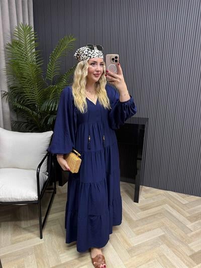 Liza Balon Kol Aerobin Keten Rahat Elbise Lacivert