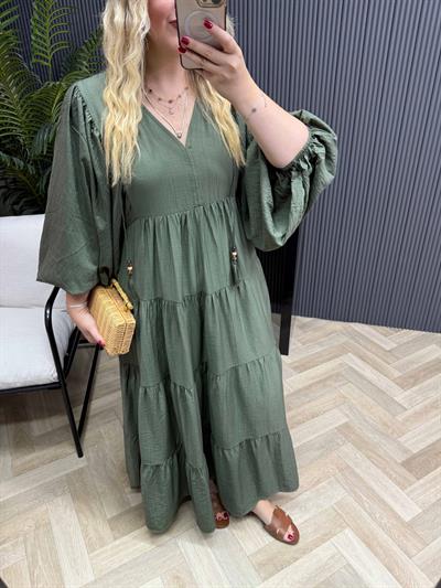 Liza Balon Kol Aerobin Keten Rahat Elbise Haki