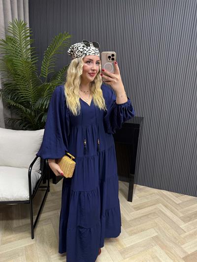 Liza Balon Kol Aerobin Keten Rahat Elbise Lacivert