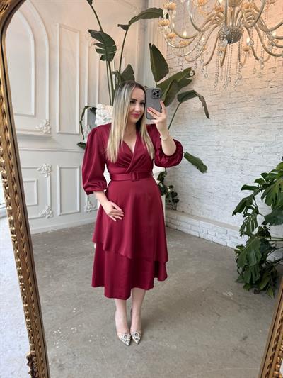 Liza Balon Kol Tasarım Saten Elbise Bordo